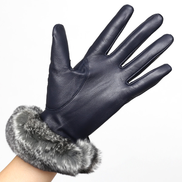  KURODA(クロダ) ラビットファー付き 本革手袋 レディース ブルー ネイビー 青色 レザー 手袋 革手袋 結婚式 ドレス フォーマル おしゃれ 高級 大人 パーティー 皮 てぶくろ