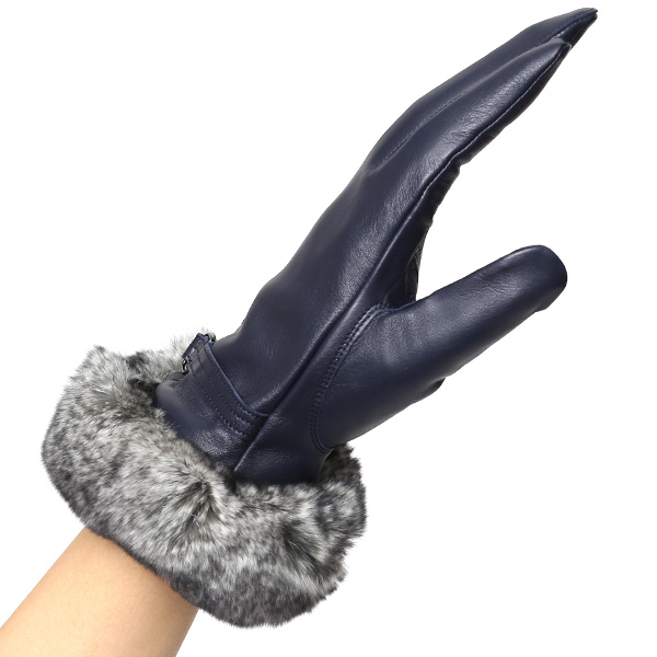  KURODA(クロダ) ラビットファー付き 本革手袋 レディース ブルー ネイビー 青色 レザー 手袋 革手袋 結婚式 ドレス フォーマル おしゃれ 高級 大人 パーティー 皮 てぶくろ
