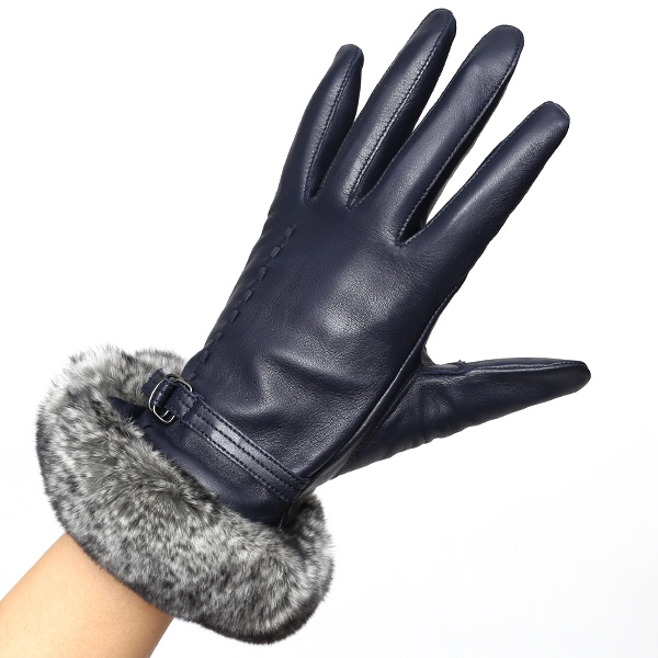  KURODA(クロダ) ラビットファー付き 本革手袋 レディース ブルー ネイビー 青色 レザー 手袋 革手袋 結婚式 ドレス フォーマル おしゃれ 高級 大人 パーティー 皮 てぶくろ
