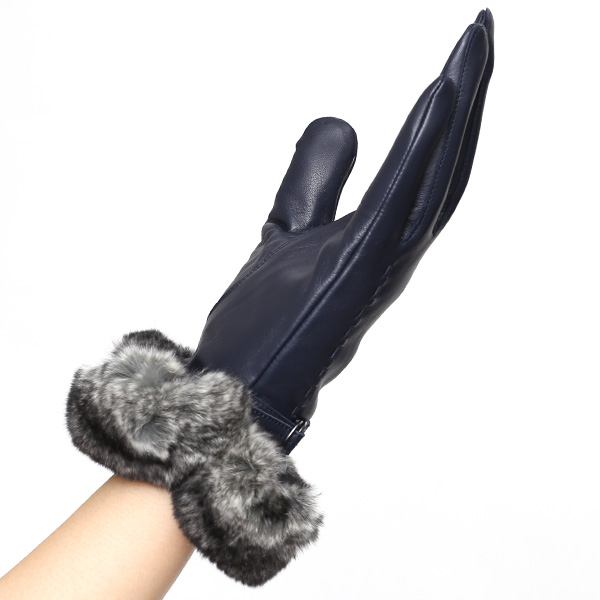  KURODA(クロダ) ラビットファー付き 本革手袋 レディース ブルー ネイビー 青色 レザー 手袋 革手袋 結婚式 ドレス フォーマル おしゃれ 高級 大人 パーティー 皮 てぶくろ