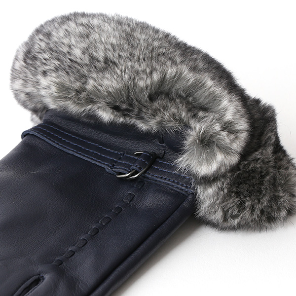  KURODA(クロダ) ラビットファー付き 本革手袋 レディース ブルー ネイビー 青色 レザー 手袋 革手袋 結婚式 ドレス フォーマル おしゃれ 高級 大人 パーティー 皮 てぶくろ