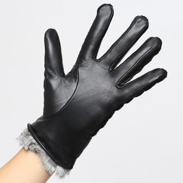 【ブランド化粧箱付き】 KURODA(クロダ) スマホ対応 ニット手袋 レディース ブランド 本革 ラビットファー ブラック 黒 黒色 暖かい かわいい カジュアル 女性 プレゼント クリスマス 誕生日 ギフト 皮 てぶくろ