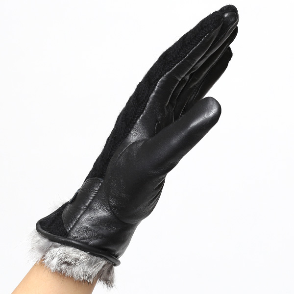 【ブランド化粧箱付き】 KURODA(クロダ) スマホ対応 ニット手袋 レディース ブランド 本革 ラビットファー ブラック 黒 黒色 暖かい かわいい カジュアル 女性 プレゼント クリスマス 誕生日 ギフト 皮 てぶくろ