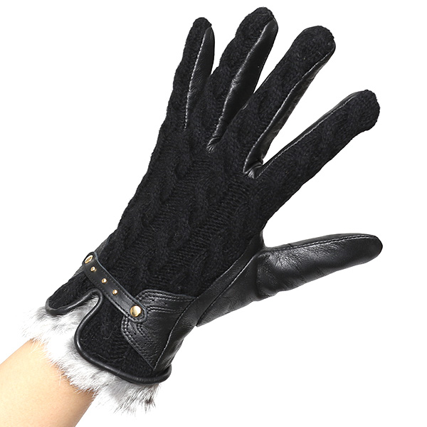 【ブランド化粧箱付き】 KURODA(クロダ) スマホ対応 ニット手袋 レディース ブランド 本革 ラビットファー ブラック 黒 黒色 暖かい かわいい カジュアル 女性 プレゼント クリスマス 誕生日 ギフト 皮 てぶくろ