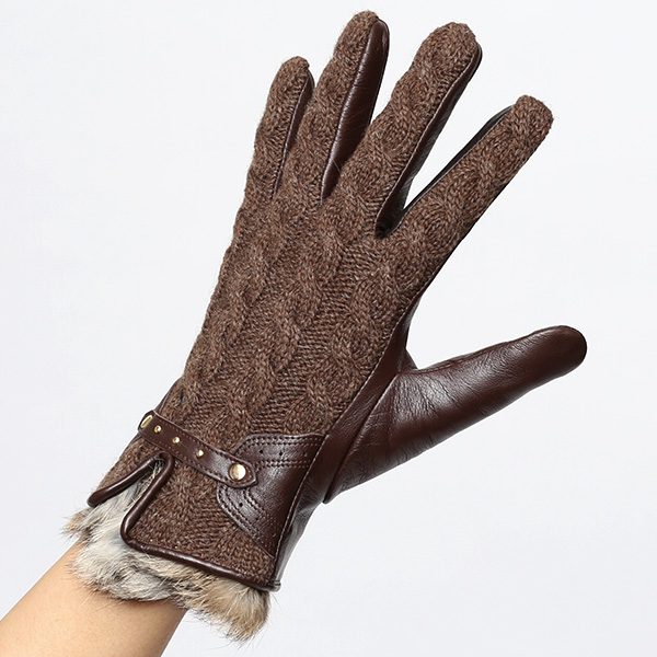  【ブランド化粧箱付き】 KURODA(クロダ) スマホ対応 ニット手袋 レディース ブランド 本革 ラビットファー ブラウン 茶 茶色 暖かい かわいい カジュアル 女性 プレゼント クリスマス 誕生日 ギフト 皮 てぶくろ