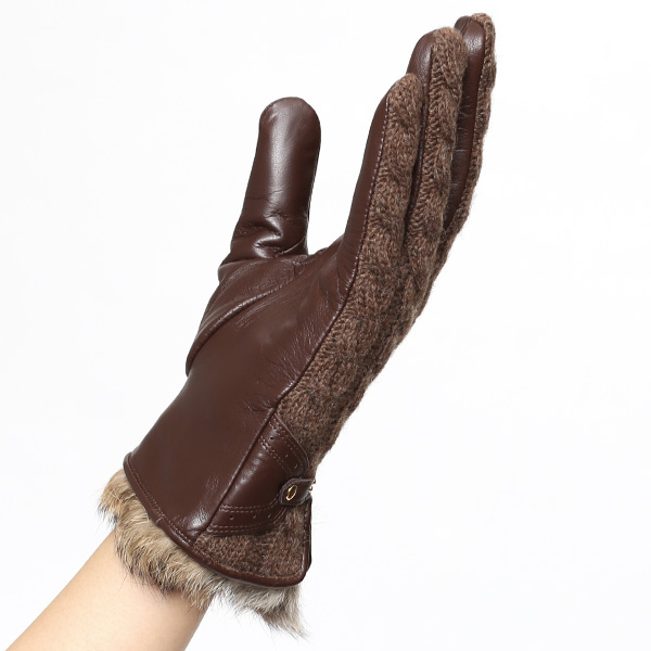  【ブランド化粧箱付き】 KURODA(クロダ) スマホ対応 ニット手袋 レディース ブランド 本革 ラビットファー ブラウン 茶 茶色 暖かい かわいい カジュアル 女性 プレゼント クリスマス 誕生日 ギフト 皮 てぶくろ