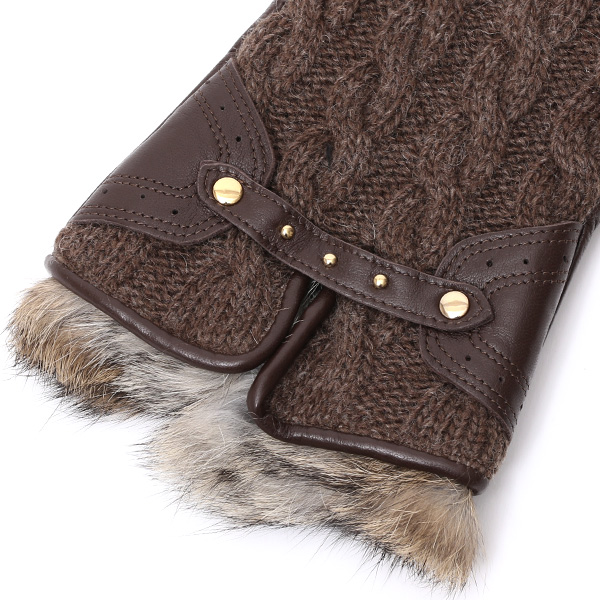  【ブランド化粧箱付き】 KURODA(クロダ) スマホ対応 ニット手袋 レディース ブランド 本革 ラビットファー ブラウン 茶 茶色 暖かい かわいい カジュアル 女性 プレゼント クリスマス 誕生日 ギフト 皮 てぶくろ
