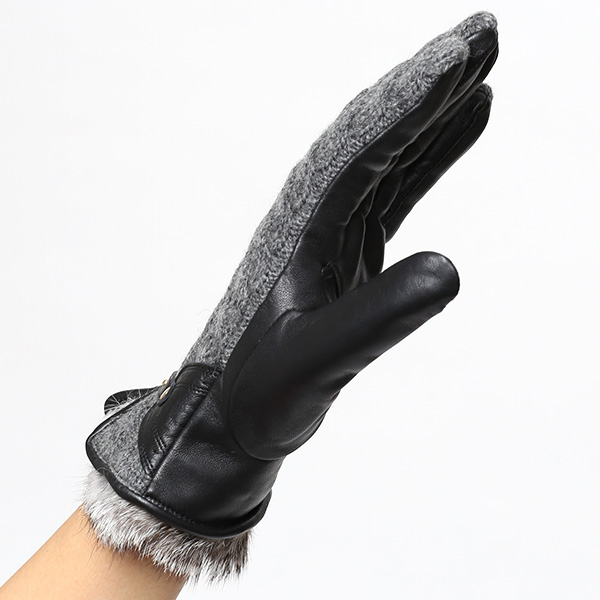  【ブランド化粧箱付き】 KURODA(クロダ) スマホ対応 ニット手袋 レディース ブランド 本革 ラビットファー グレー グレイ 灰色 暖かい かわいい カジュアル 女性 プレゼント クリスマス 誕生日 ギフト 皮 てぶくろ