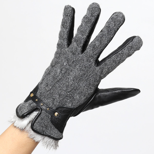 【ブランド化粧箱付き】 KURODA(クロダ) スマホ対応 ニット手袋 レディース ブランド 本革 ラビットファー グレー グレイ 灰色 暖かい かわいい カジュアル 女性 プレゼント クリスマス 誕生日 ギフト 皮 てぶくろ