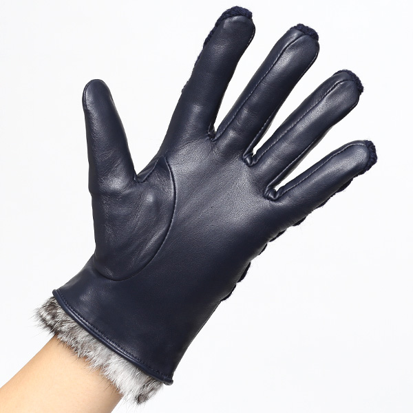  【ブランド化粧箱付き】 KURODA(クロダ) スマホ対応 ニット手袋 レディース ブランド 本革 ラビットファー ブルー ネイビー 青色 暖かい かわいい カジュアル 女性 プレゼント クリスマス 誕生日 ギフト 皮 てぶくろ