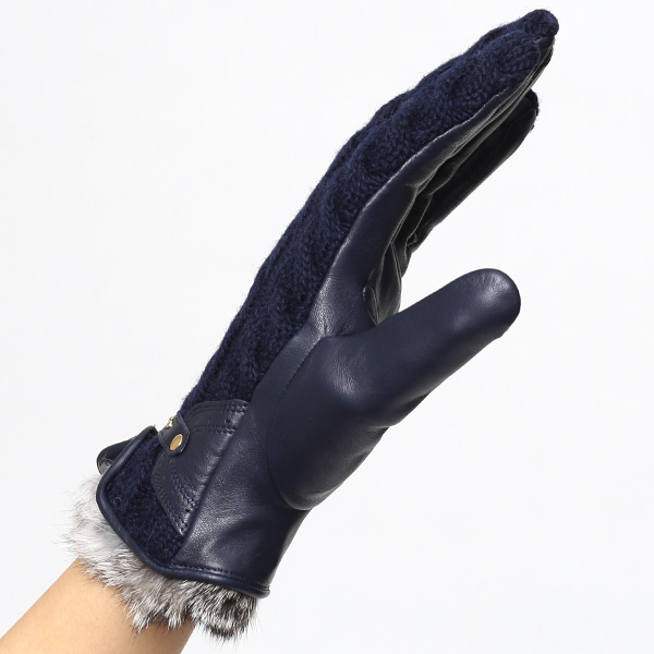  【ブランド化粧箱付き】 KURODA(クロダ) スマホ対応 ニット手袋 レディース ブランド 本革 ラビットファー ブルー ネイビー 青色 暖かい かわいい カジュアル 女性 プレゼント クリスマス 誕生日 ギフト 皮 てぶくろ