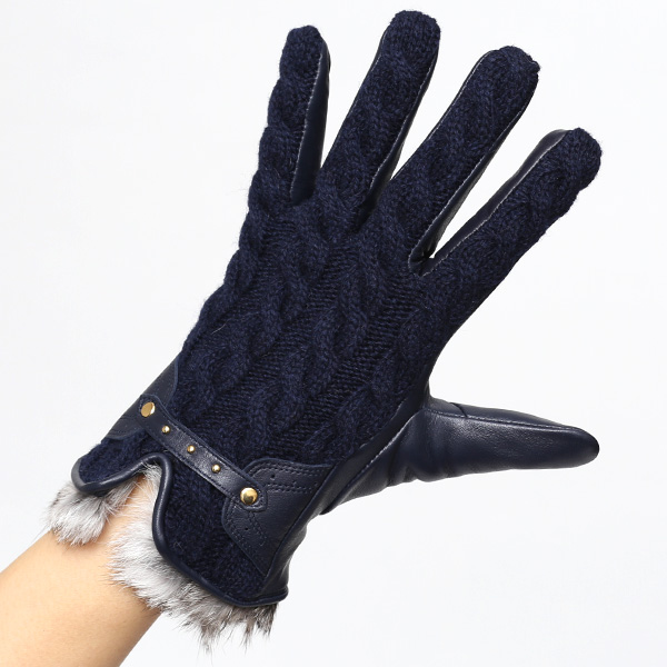  【ブランド化粧箱付き】 KURODA(クロダ) スマホ対応 ニット手袋 レディース ブランド 本革 ラビットファー ブルー ネイビー 青色 暖かい かわいい カジュアル 女性 プレゼント クリスマス 誕生日 ギフト 皮 てぶくろ