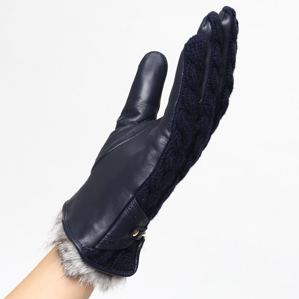  【ブランド化粧箱付き】 KURODA(クロダ) スマホ対応 ニット手袋 レディース ブランド 本革 ラビットファー ブルー ネイビー 青色 暖かい かわいい カジュアル 女性 プレゼント クリスマス 誕生日 ギフト 皮 てぶくろ