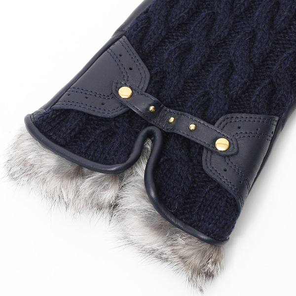  【ブランド化粧箱付き】 KURODA(クロダ) スマホ対応 ニット手袋 レディース ブランド 本革 ラビットファー ブルー ネイビー 青色 暖かい かわいい カジュアル 女性 プレゼント クリスマス 誕生日 ギフト 皮 てぶくろ