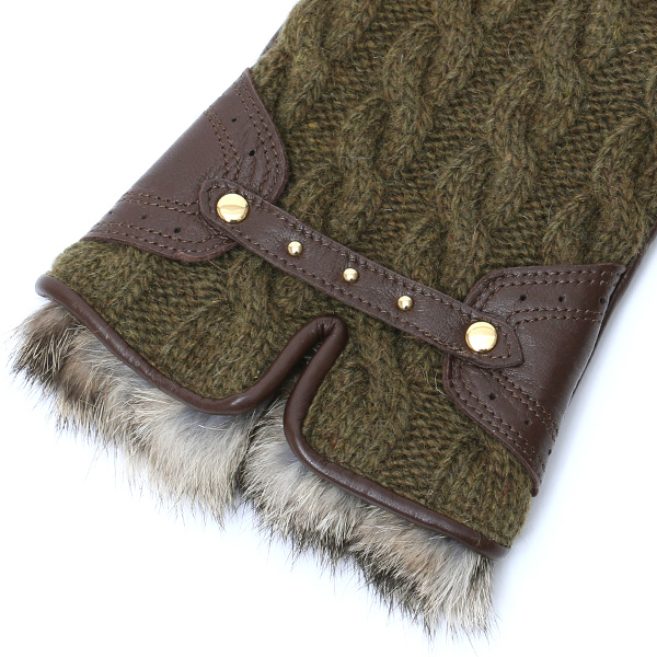  【ブランド化粧箱付き】 KURODA(クロダ) スマホ対応 ニット手袋 レディース ブランド 本革 ラビットファー グリーン 緑色 暖かい かわいい カジュアル 女性 プレゼント クリスマス 誕生日 ギフト 皮 てぶくろ