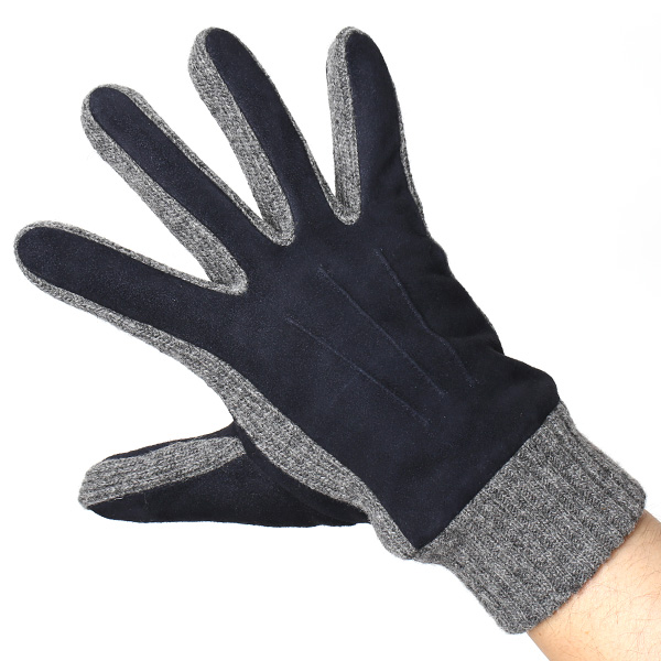  手袋 メンズ タッチパネル スマホ対応 防寒 スエード ニット 裏起毛 裏フリース おしゃれ 通勤 通学 ブルー ネイビー 青色 ブランド ヤギ革 本革 コンビ 暖かい 男性 紳士 プレゼント 贈り物 グローブ KURODA(クロダ)