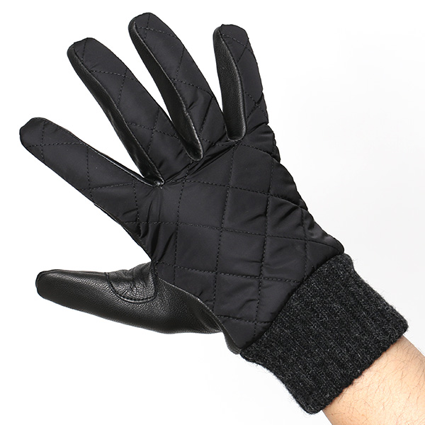  手袋 ナイロン メンズ リモンタナイロン 自転車 バイク アウトドア 防寒 防風 フリース 裏起毛 ブラック 黒 黒色 レザー 本革 ナイロン キルティング プレゼント 男性用 皮 グローブ ブランド KURODA(クロダ)