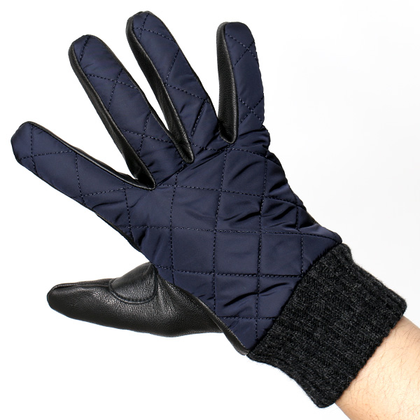  手袋 ナイロン メンズ リモンタナイロン 自転車 バイク アウトドア 防寒 防風 フリース 裏起毛 ブルー ネイビー 青色 レザー 本革 ナイロン キルティング プレゼント 男性用 皮 グローブ ブランド KURODA(クロダ)