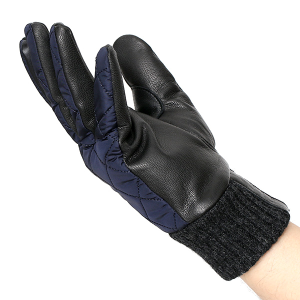  手袋 ナイロン メンズ リモンタナイロン 自転車 バイク アウトドア 防寒 防風 フリース 裏起毛 ブルー ネイビー 青色 レザー 本革 ナイロン キルティング プレゼント 男性用 皮 グローブ ブランド KURODA(クロダ)