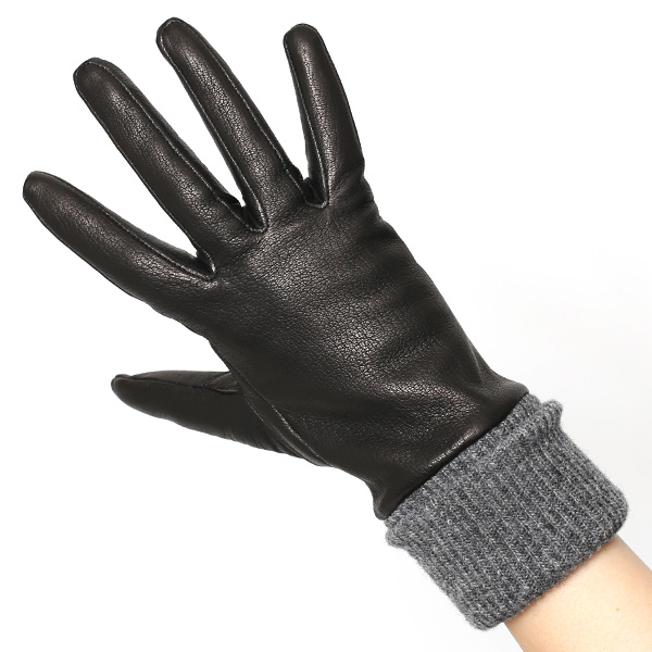  レディース 革 手袋 日本製 カシミヤ ディアスキン レザー ニット リブ グローブ 暖かい 上品 ブラック 黒 黒色 国産 本革 鹿革 カシミア 100％ 女性 婦人 プレゼント ギフト 化粧箱 付き ブランド KURODA(クロダ)