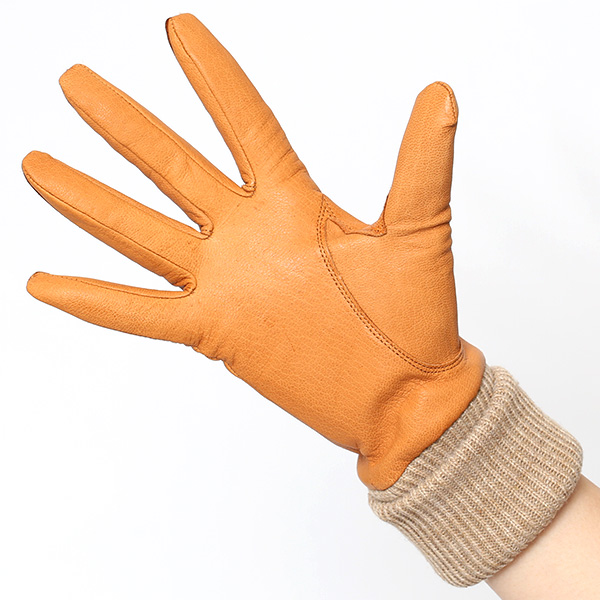 レディース 革 手袋 日本製 カシミヤ ディアスキン レザー ニット リブ グローブ 暖かい 上品 キャメル ブラウン 茶 茶色 国産 本革 鹿革 カシミア 100％ 女性 婦人 プレゼント ギフト 化粧箱 付き ブランド KURODA(クロダ)