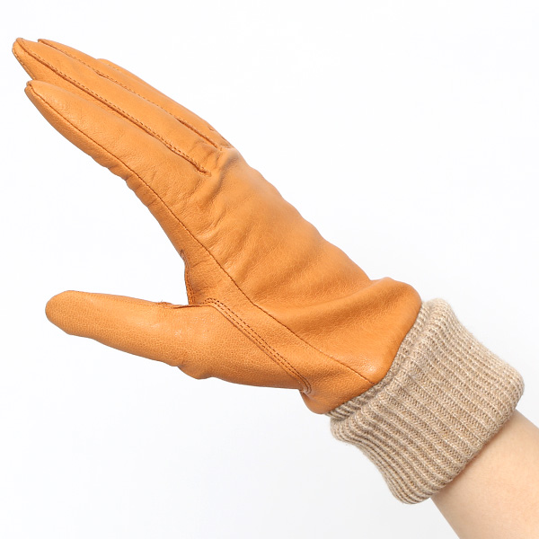  レディース 革 手袋 日本製 カシミヤ ディアスキン レザー ニット リブ グローブ 暖かい 上品 キャメル ブラウン 茶 茶色 国産 本革 鹿革 カシミア 100％ 女性 婦人 プレゼント ギフト 化粧箱 付き ブランド KURODA(クロダ)
