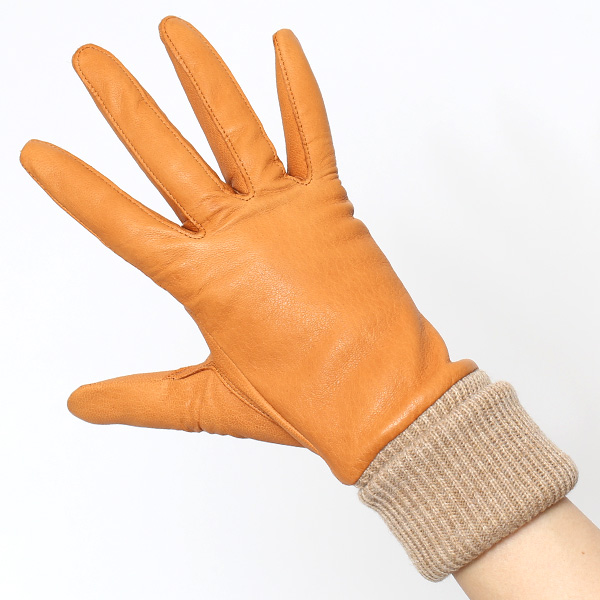  レディース 革 手袋 日本製 カシミヤ ディアスキン レザー ニット リブ グローブ 暖かい 上品 キャメル ブラウン 茶 茶色 国産 本革 鹿革 カシミア 100％ 女性 婦人 プレゼント ギフト 化粧箱 付き ブランド KURODA(クロダ)