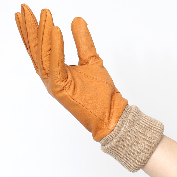  レディース 革 手袋 日本製 カシミヤ ディアスキン レザー ニット リブ グローブ 暖かい 上品 キャメル ブラウン 茶 茶色 国産 本革 鹿革 カシミア 100％ 女性 婦人 プレゼント ギフト 化粧箱 付き ブランド KURODA(クロダ)
