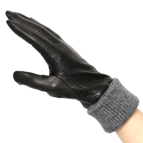 日本製 手袋 レディース ブランド カシミア 100％ レザー グローブ ニットリブ 防寒 カシミヤ ブラック 黒 黒色 イタリーラム 上質 羊革 皮 女性 上品 婦人 プレゼント 化粧箱付き 国産 KURODA(クロダ)