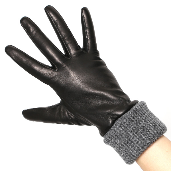  日本製 手袋 レディース ブランド カシミア 100％ レザー グローブ ニットリブ 防寒 カシミヤ ブラック 黒 黒色 イタリーラム 上質 羊革 皮 女性 上品 婦人 プレゼント 化粧箱付き 国産 KURODA(クロダ)