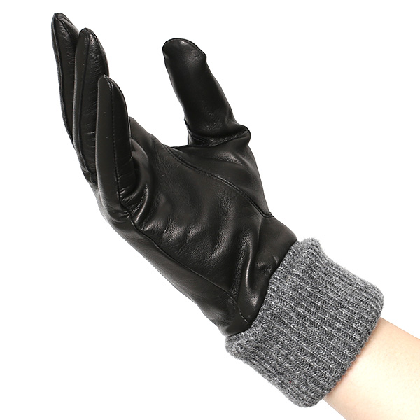  日本製 手袋 レディース ブランド カシミア 100％ レザー グローブ ニットリブ 防寒 カシミヤ ブラック 黒 黒色 イタリーラム 上質 羊革 皮 女性 上品 婦人 プレゼント 化粧箱付き 国産 KURODA(クロダ)