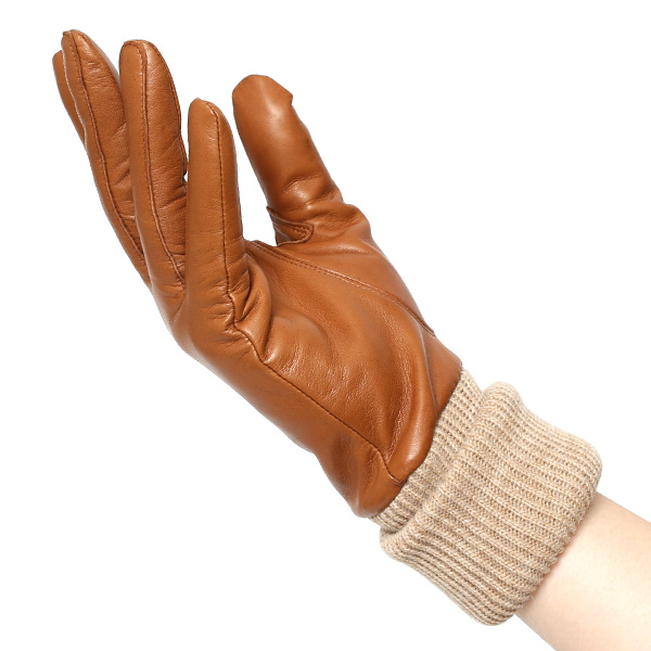  日本製 手袋 レディース ブランド カシミア 100％ レザー グローブ ニットリブ 防寒 カシミヤ キャメル ブラウン 茶 茶色 イタリーラム 上質 羊革 皮 女性 上品 婦人 プレゼント 化粧箱付き 国産 KURODA(クロダ)