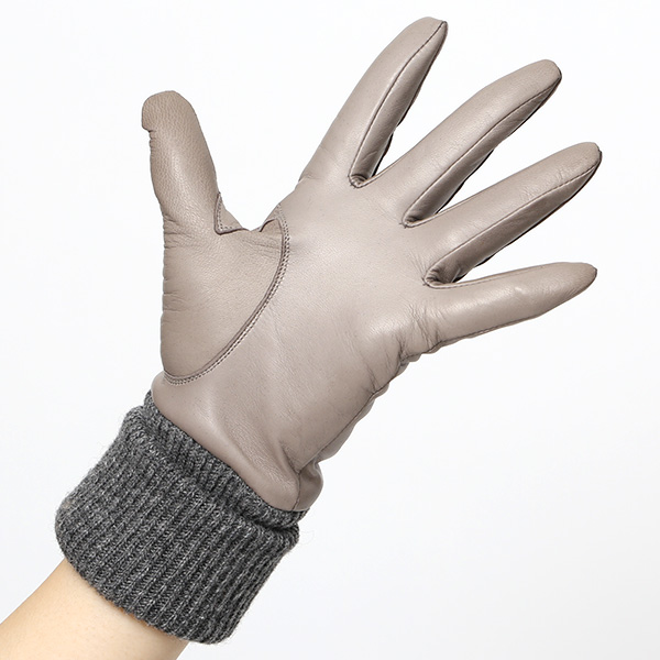  日本製 手袋 レディース ブランド カシミア 100％ レザー グローブ ニットリブ 防寒 カシミヤ グレー グレイ 灰色 イタリーラム 上質 羊革 皮 女性 上品 婦人 プレゼント 化粧箱付き 国産 KURODA(クロダ)