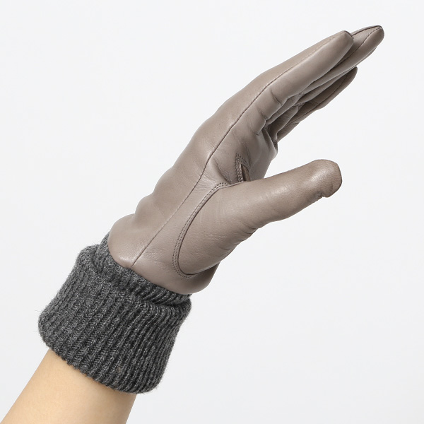  日本製 手袋 レディース ブランド カシミア 100％ レザー グローブ ニットリブ 防寒 カシミヤ グレー グレイ 灰色 イタリーラム 上質 羊革 皮 女性 上品 婦人 プレゼント 化粧箱付き 国産 KURODA(クロダ)