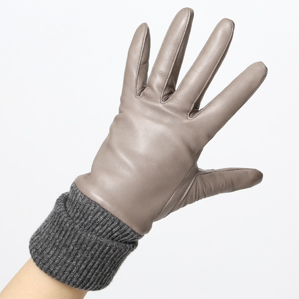  日本製 手袋 レディース ブランド カシミア 100％ レザー グローブ ニットリブ 防寒 カシミヤ グレー グレイ 灰色 イタリーラム 上質 羊革 皮 女性 上品 婦人 プレゼント 化粧箱付き 国産 KURODA(クロダ)