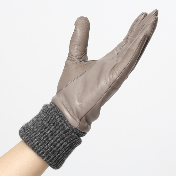  日本製 手袋 レディース ブランド カシミア 100％ レザー グローブ ニットリブ 防寒 カシミヤ グレー グレイ 灰色 イタリーラム 上質 羊革 皮 女性 上品 婦人 プレゼント 化粧箱付き 国産 KURODA(クロダ)
