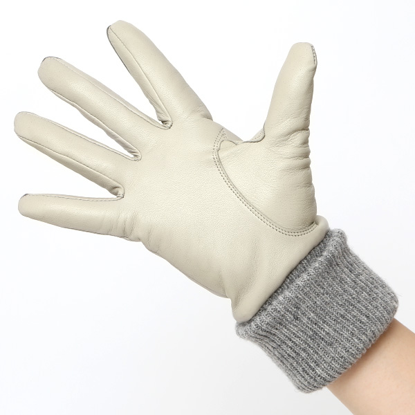 日本製 手袋 レディース ブランド カシミア 100% レザー グローブ ニットリブ 防寒 カシミヤ ライトグレー グレー グレイ 灰色 イタリーラム 上質 羊革 皮 女性 上品 婦人 プレゼント 化粧箱付き 国産 KURODA(クロダ)