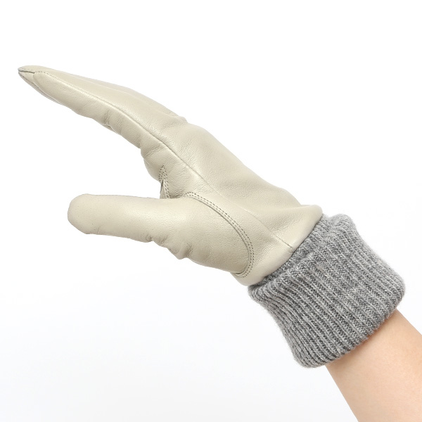 日本製 手袋 レディース ブランド カシミア 100% レザー グローブ ニットリブ 防寒 カシミヤ ライトグレー グレー グレイ 灰色 イタリーラム 上質 羊革 皮 女性 上品 婦人 プレゼント 化粧箱付き 国産 KURODA(クロダ)