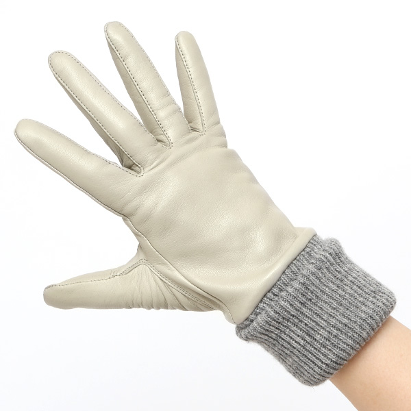 日本製 手袋 レディース ブランド カシミア 100% レザー グローブ ニットリブ 防寒 カシミヤ ライトグレー グレー グレイ 灰色 イタリーラム 上質 羊革 皮 女性 上品 婦人 プレゼント 化粧箱付き 国産 KURODA(クロダ)