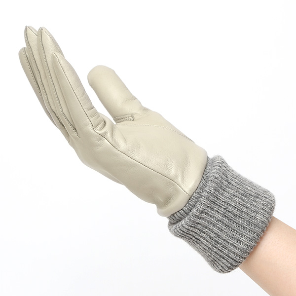 日本製 手袋 レディース ブランド カシミア 100% レザー グローブ ニットリブ 防寒 カシミヤ ライトグレー グレー グレイ 灰色 イタリーラム 上質 羊革 皮 女性 上品 婦人 プレゼント 化粧箱付き 国産 KURODA(クロダ)