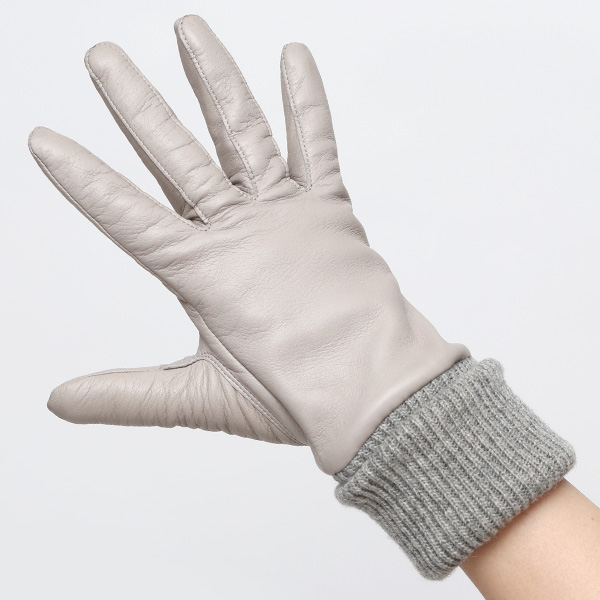  日本製 手袋 レディース ブランド カシミア 100％ レザー グローブ ニットリブ 防寒 カシミヤ グレー グレイ 灰色 イタリーラム 上質 羊革 皮 女性 上品 婦人 プレゼント 化粧箱付き 国産 KURODA(クロダ)
