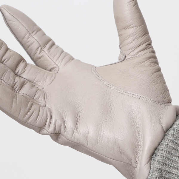  日本製 手袋 レディース ブランド カシミア 100％ レザー グローブ ニットリブ 防寒 カシミヤ グレー グレイ 灰色 イタリーラム 上質 羊革 皮 女性 上品 婦人 プレゼント 化粧箱付き 国産 KURODA(クロダ)