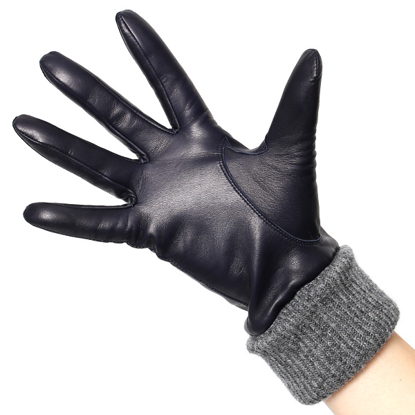  日本製 手袋 レディース ブランド カシミア 100％ レザー グローブ ニットリブ 防寒 カシミヤ ブルー ネイビー 青色 イタリーラム 上質 羊革 皮 女性 上品 婦人 プレゼント 化粧箱付き 国産 KURODA(クロダ)