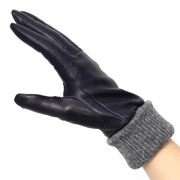 日本製 手袋 レディース ブランド カシミア 100％ レザー グローブ ニットリブ 防寒 カシミヤ ブルー ネイビー 青色 イタリーラム 上質 羊革 皮 女性 上品 婦人 プレゼント 化粧箱付き 国産 KURODA(クロダ)