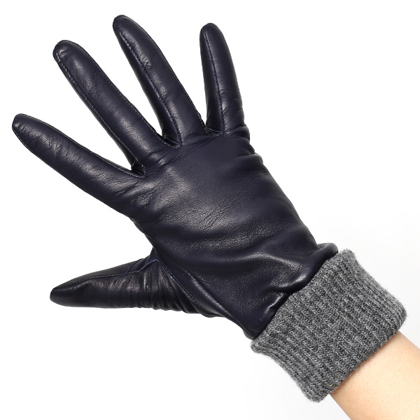  日本製 手袋 レディース ブランド カシミア 100％ レザー グローブ ニットリブ 防寒 カシミヤ ブルー ネイビー 青色 イタリーラム 上質 羊革 皮 女性 上品 婦人 プレゼント 化粧箱付き 国産 KURODA(クロダ)