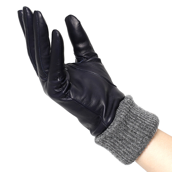  日本製 手袋 レディース ブランド カシミア 100％ レザー グローブ ニットリブ 防寒 カシミヤ ブルー ネイビー 青色 イタリーラム 上質 羊革 皮 女性 上品 婦人 プレゼント 化粧箱付き 国産 KURODA(クロダ)