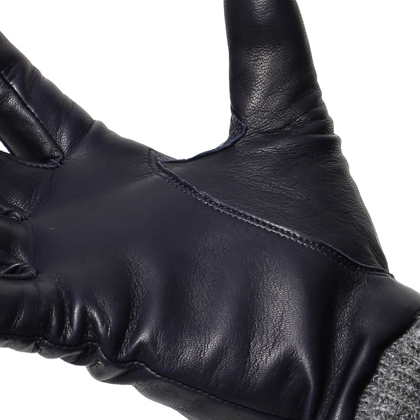  日本製 手袋 レディース ブランド カシミア 100％ レザー グローブ ニットリブ 防寒 カシミヤ ブルー ネイビー 青色 イタリーラム 上質 羊革 皮 女性 上品 婦人 プレゼント 化粧箱付き 国産 KURODA(クロダ)