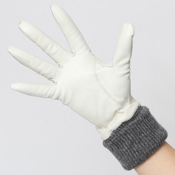  日本製 手袋 レディース ブランド カシミア 100％ レザー グローブ ニットリブ 防寒 カシミヤ ホワイト 白色 イタリーラム 上質 羊革 皮 女性 上品 婦人 プレゼント 化粧箱付き 国産 KURODA(クロダ)