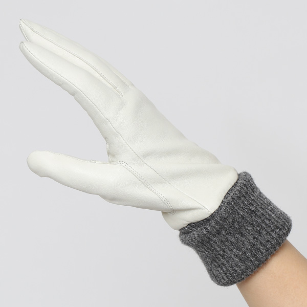  日本製 手袋 レディース ブランド カシミア 100％ レザー グローブ ニットリブ 防寒 カシミヤ ホワイト 白色 イタリーラム 上質 羊革 皮 女性 上品 婦人 プレゼント 化粧箱付き 国産 KURODA(クロダ)
