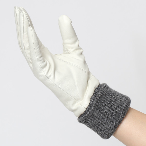  日本製 手袋 レディース ブランド カシミア 100％ レザー グローブ ニットリブ 防寒 カシミヤ ホワイト 白色 イタリーラム 上質 羊革 皮 女性 上品 婦人 プレゼント 化粧箱付き 国産 KURODA(クロダ)